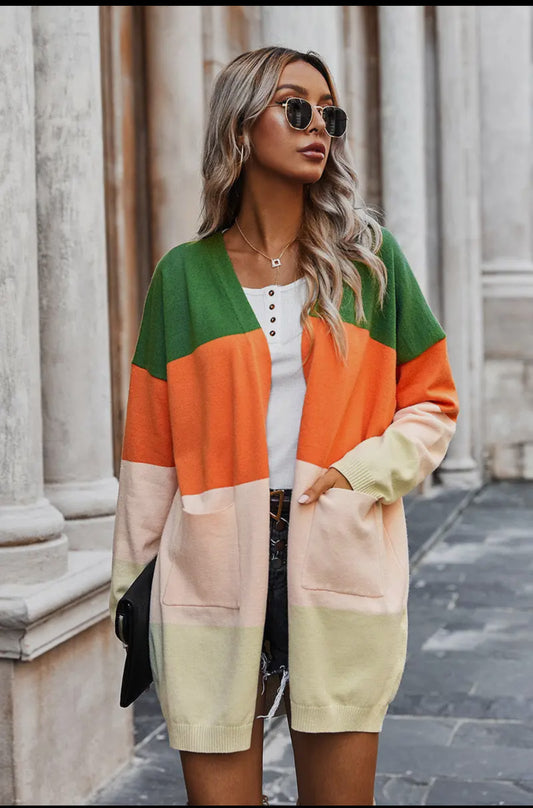 Color Block Open Front Cardigan