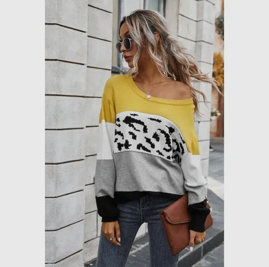 Crew Neck Color Block Sweater Animal Print