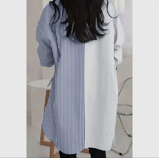 Color Block Strip Tassel Button Down Loose Blouse