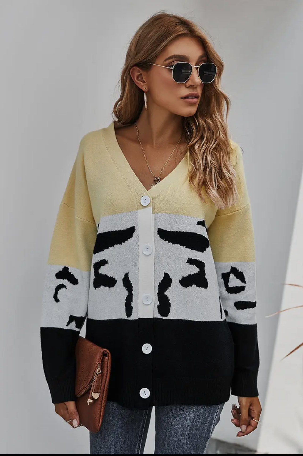 V Neck Solid Leopard Loose Sweater