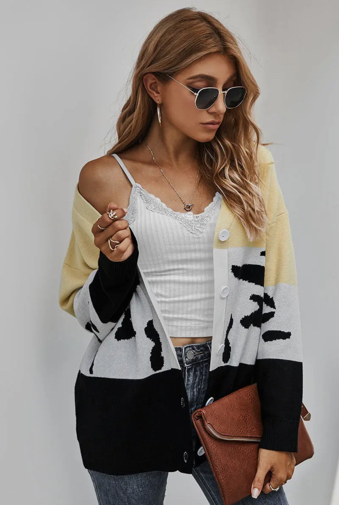 V Neck Solid Leopard Loose Sweater