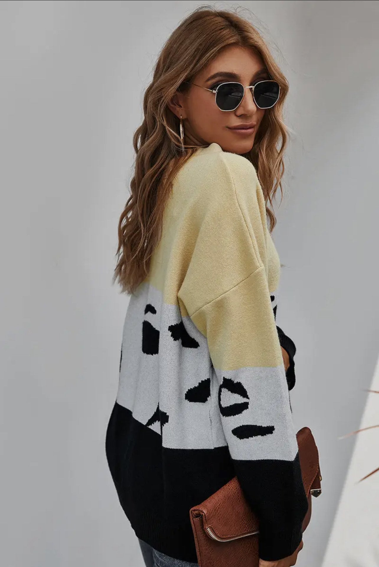 V Neck Solid Leopard Loose Sweater