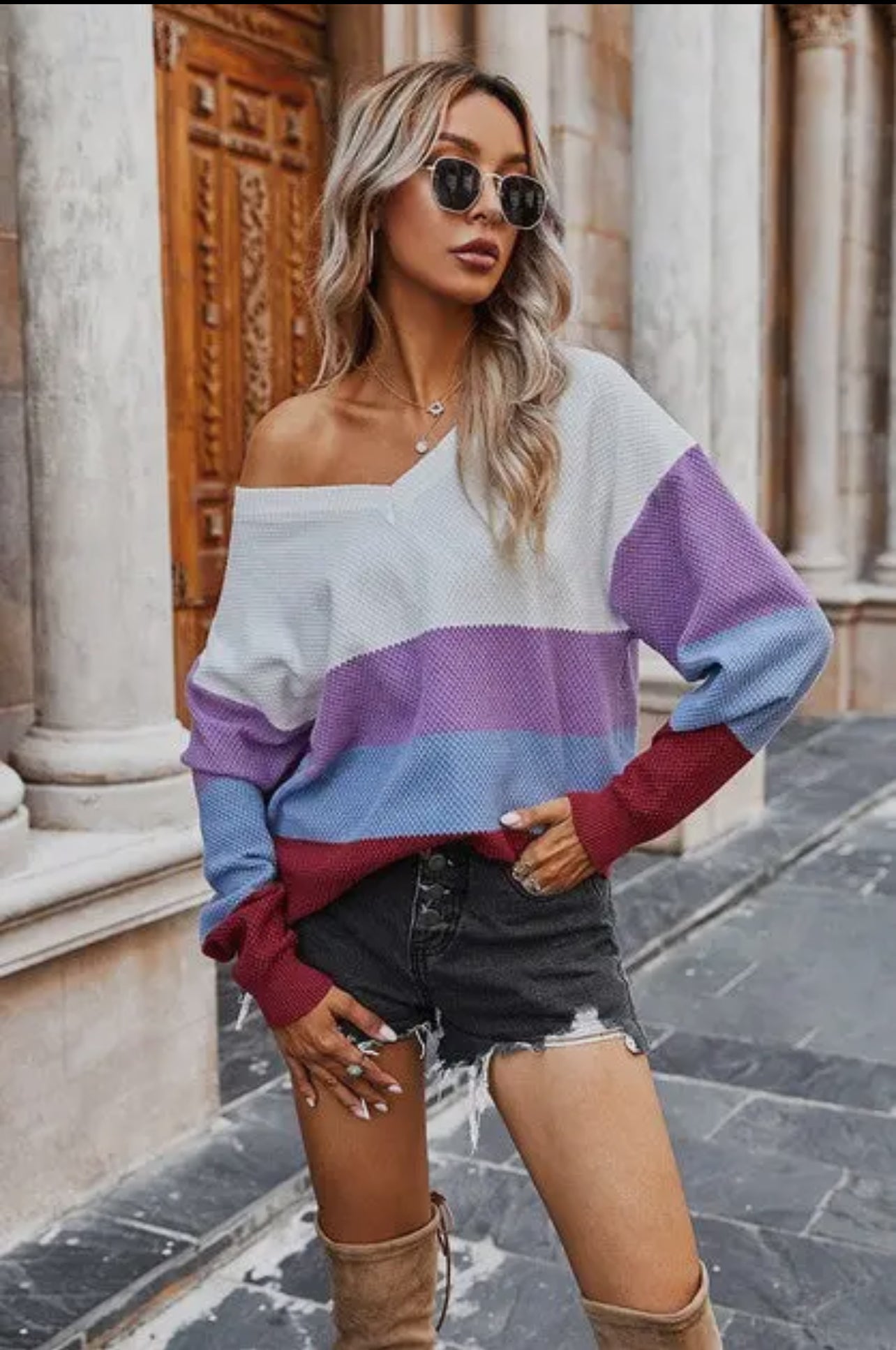 Color Block V Neck Loose Sweater