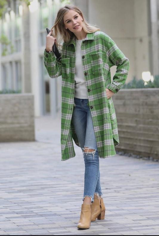 Wool Blended Plaid Long Shacket